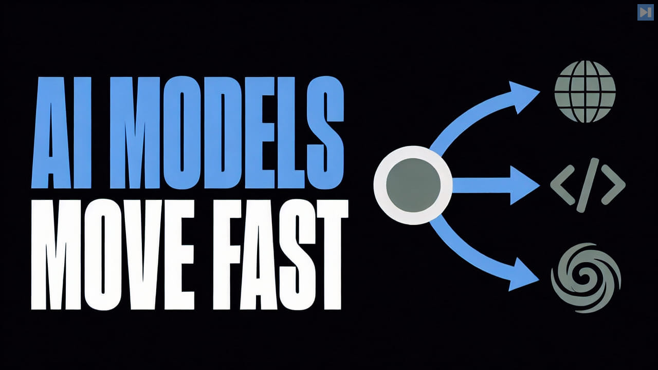 The words AI Models Move Fast beside a flat hub connecting world, code and weather symbols