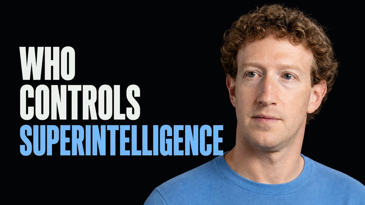 Portrait of Mark Zuckerberg beside the words Who Controls Superintelligence